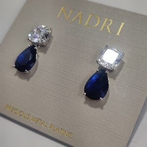 Nadri Rockstars Blue Pear Drop Earrings CZ Cushion Cut Silver Rhodium Statement
